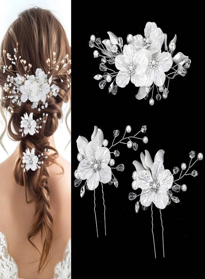 Ymapinc 3 PCS Bridal Hair Pins for Women, Ymapinc Wedding Hair Accessories, Large Flower Hair Clips with Pearls & Rhinestones, White Wedding Bride Hair Jewelry, Flower Clips for Hair - Image 1